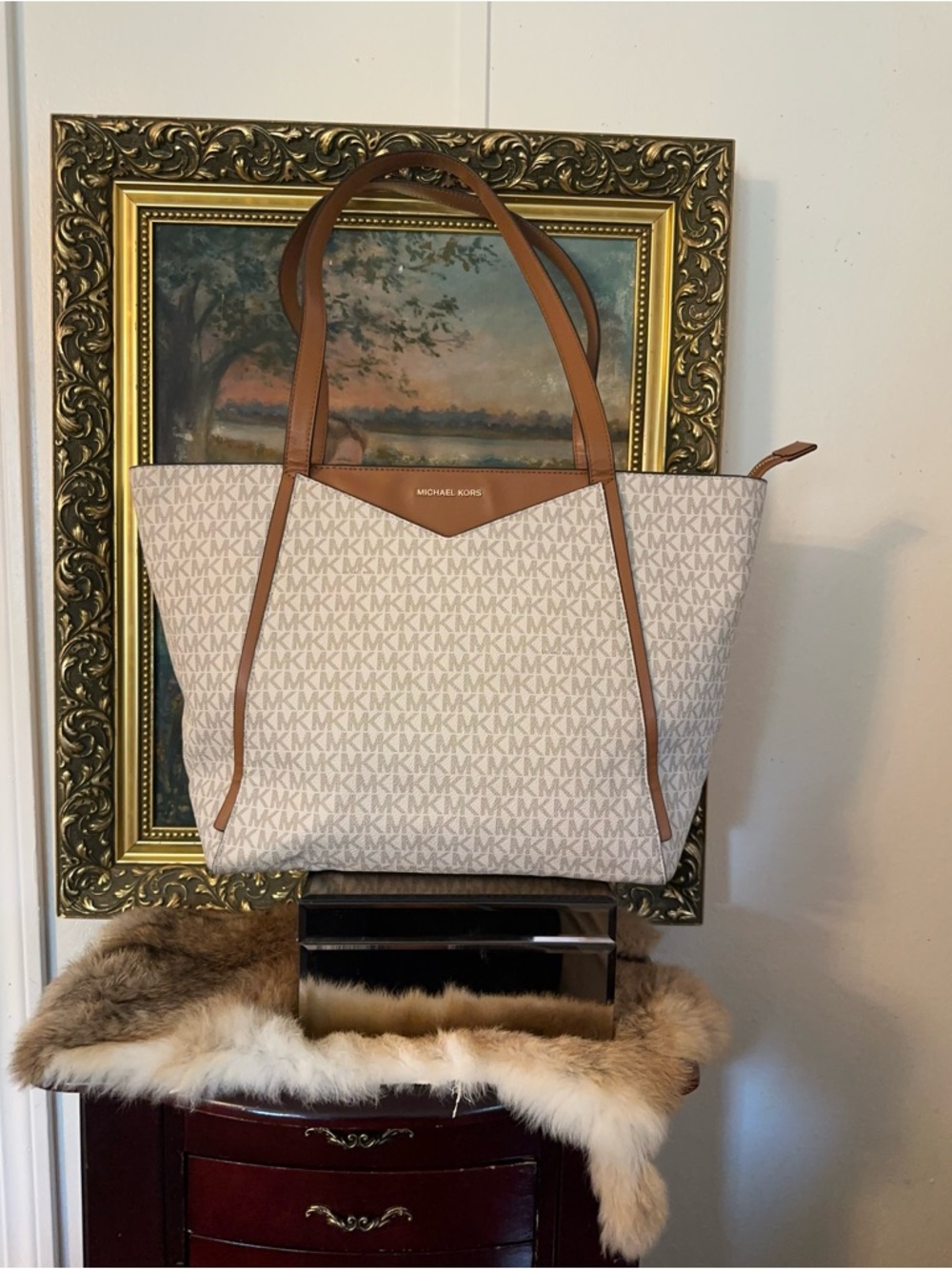 Michael Kors Cream MK Logo Tote with Tan Trim